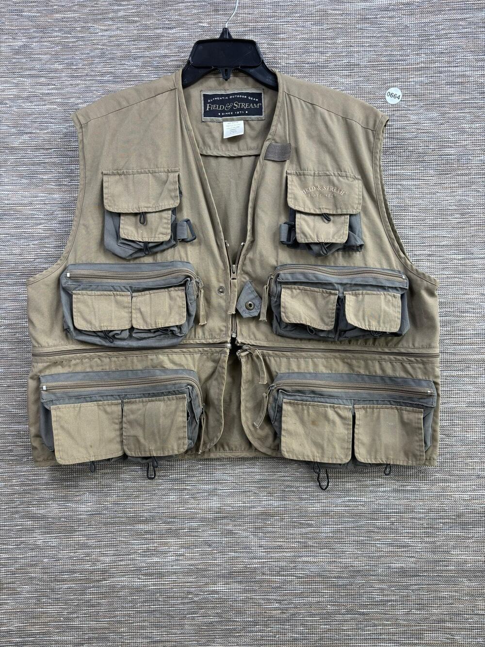 Field & Stream Vest Mens XL Beige Canvas Utility Fishing Hunting Zip Pockets